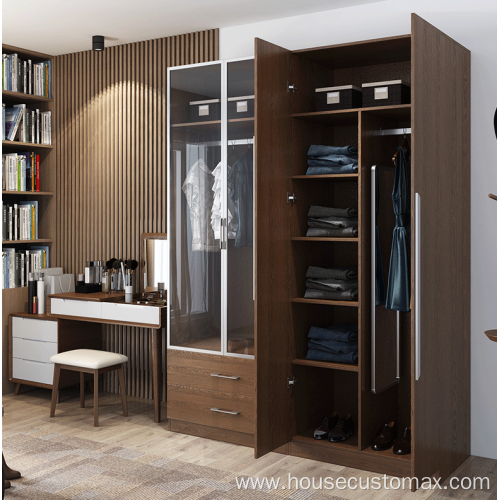 Wooden Clothes Cabinet Wardrobe Set With Glass Door